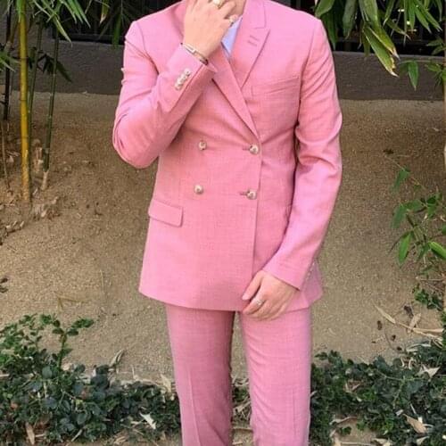 Tailor Made Fashion High Quality Double Breasted Pink Men Suit Slim Fit Groom Tuxedo For Wedding Dress Costume (Jacket+Pants)