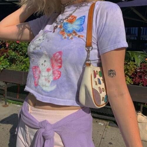Cat Print Cute Crop Top Y2K Casual Sweet Purple Tie Dye Crew Neck Cotton Short Sleeve Vintage Korean Short Tee Shirt Summer 2021