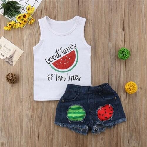 2019 Summer Kids Baby Girl Watermelon Vest Tops+Shorts Pants Ripped Jeans Clothes Outfits Fashion New Hot Sale Good Quality