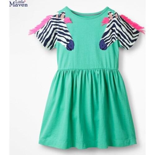 Little Maven New Summer Kids Green Zebra Girls Aniaml Short-sleevede Applique Embroidery O-neck Cotton Knitted Casual Dresses