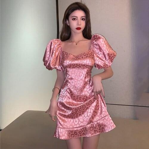 Leopard Print Summer Mini Dress Pinkl Puff Sleeve Backless Party Dress Square Collar A-Line Beach Sexy Lace Up Sweet Pink Z414