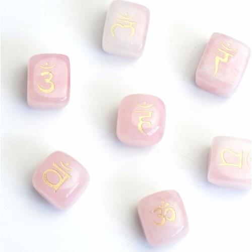 Set of 7 pieces Natural Tumbled Rose Quartz Engraved Sanskrit Chakra Symbols Crafts with a Free Pouch