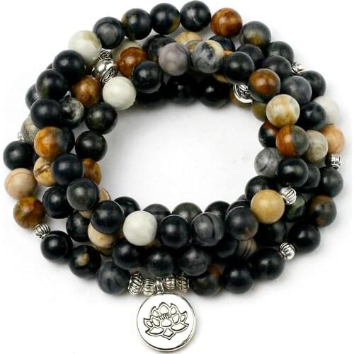 Natural Black Picasso Stone Beaded Women Charm Bracelet Yoga Mala 108 Buddha Necklace Balance Healing Men Zen Jewelry