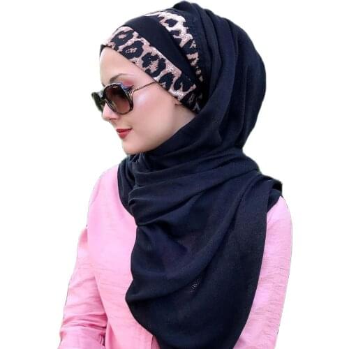 Yeni Moda Hijab Kadın Müslüman Başörtüsü 2021 İslami Türban Şapka Eşarp Bone Fular Türban Leopar Biyeli Siyah Keten Hazır Şal