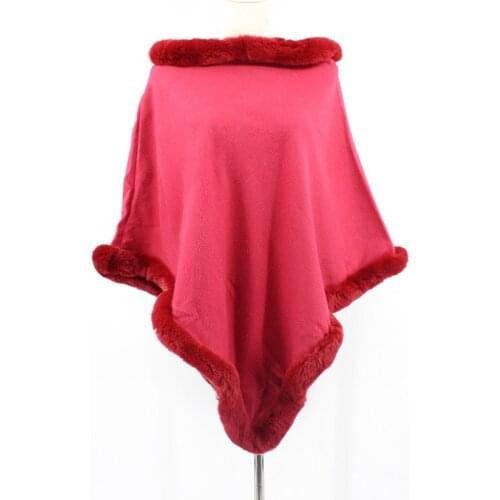 New Arrival Fashion Women Elegant Warm Spring Autumn Cashmere Poncho With Real Rex Rabbit Fur Trim Big Size European Style