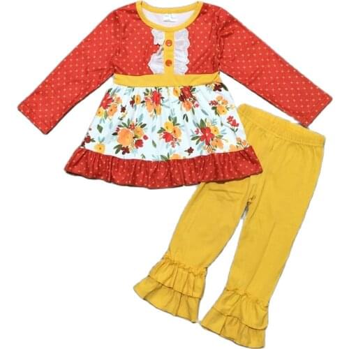 Girlymax Fall Winter Girls Orange Floral Dress with Solid Yellow Pants Kids Boutique Set