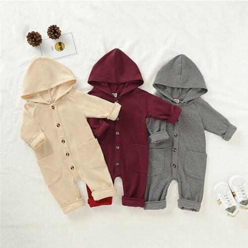 Pudcoco Cute Infant Baby Boy Girl Buttons Pure color Hooded Romper Autumn Winter Clothes set Long sleeve Jumpsuits Outfits 0-18M