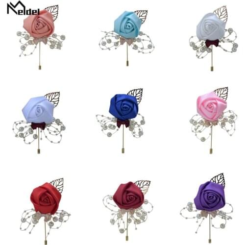 Meldel Corsage Groom Wedding Luxury Rose Boutonniere Rose Flower Fake Pearl Brooch Party Prom Corsage Lapel Pin Badge Buttonhole