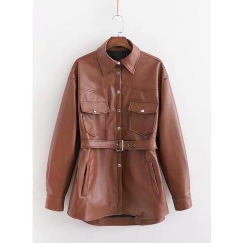 Obrix Female Faux Leather Formal Shirt Square Collar Full Sleeve Assymetric Length Belt Pockets Shirt For Women