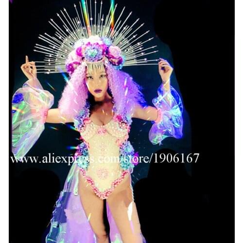 Sexy Lady Party Evening Dress With Pearl Headdress Nightclub Bar Stage Performance Clothes Christmas Halloween Ballroom C