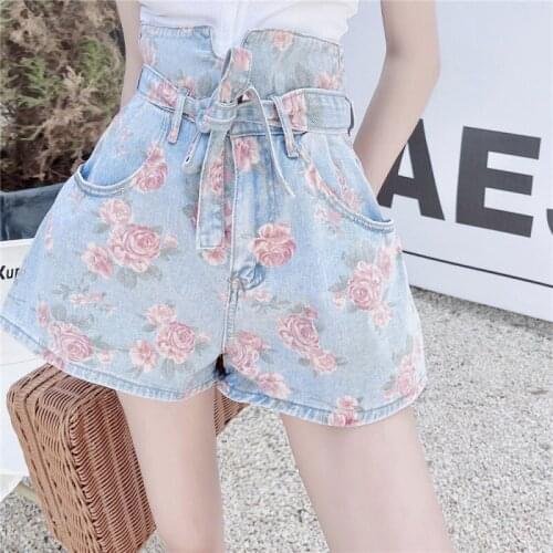 Casual Print Denim Short For Women High Waist Patchwork Pockets Sashes Side Split Shorts Female Summer 2021 Stylish