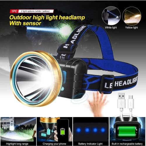 Powerful Sensor Led Headlamp White/Yellow Headlight USB Rechargeable Camping Head Torch Lamp Built-in Battery Outdoor Power Bank