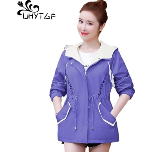 UHYTGF Spring Autumn Jacket Hooded Casual Windbreaker Women Long Sleeve Zipper Slim Plus Size Outerwear Elegant Female Tops 1555