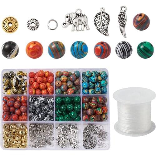 DIY Jewelry with Synthetic Malachite Beads 8mm, Tibetan Style Alloy Findings, Jump Rings and Elastic Fibre Wire, Mixed Color