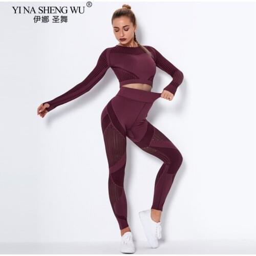 Women Sport Pants Yoga Suit 2 Piece Fitness Tracksuit Gym Workout Clothes Long Sleeve Crop Tops High Waist Leggings Fitness Sets