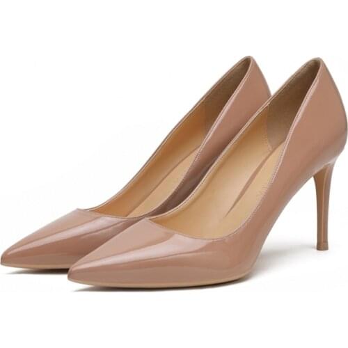 Women Pointed Toe Spring Pumps Female Patent Genuine Leather Office Career High Heels Fashion Shoes Ladies Plus Size E0062