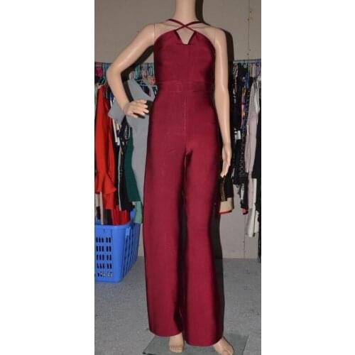 2017 Celebrity Runway Bandage Jumpsuit Wine Red Straps Full Length Bodycon Flares Women Party Jumpsuit