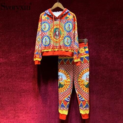 Svoryxiu Autumn Winter Runway Casual Two Piece Set Womens Fashion Warrior Totem Print Pullover + Pants Vintage Suit