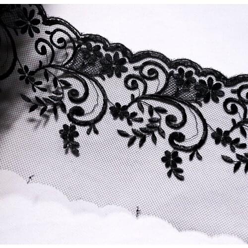 2 Meters 14 CM Wide Flowers Embroidery Lace Trim Black Soft Mesh Fabric For Bra Lingerie Underwear Dolls Dress Ribbon Handmade