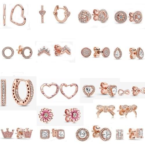 2021 Free Shipping 925 Sterling Silver Pink Daisy Flower Stud Earrings For Women DIY Jewelry Sparkling Elevated Heart Earring