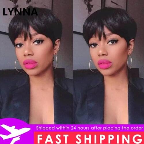 2021 Short Straight Bob Wig With Bangs Pixie Cut Non Lace Front Human Hair Cheap Wig For Black Women Full Manchine Brazilian