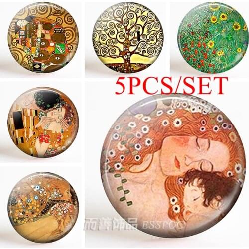 5PCS/SET Klimts Mother Child Art Handcrafted Glass Dome Making Jewelry Pendant Klimt Art Fashion Accessories Mother Days Gift
