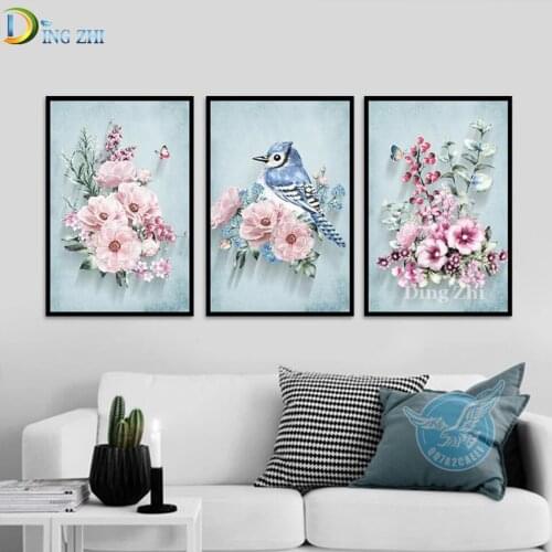 5D Diy Diamond Painting Triptych Wall Art Pink Flowers Blue Bird Cross Stitch Embroidery Full Square Round Drill Mosaic Decor