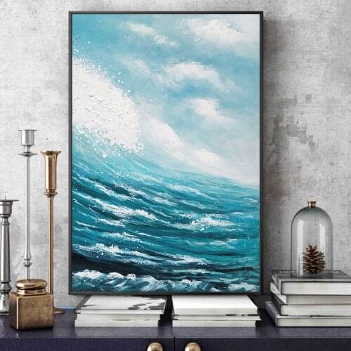 Abstract Blue Sea Hand Painted Oil Paintings Modern Landscape On Canvas Wall Art Pictures For Living Room Home Decoration