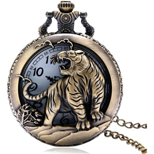 Antique Steampunk Hollow Bronze Vintage Chinese Zodiac Tiger Quartz Pocket Watch Necklace Pendant For Women Men