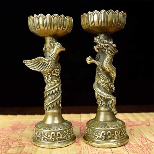 Chinese Handmade Fine Dragon And Phoenix Bronze Candlestick Pair 18cm