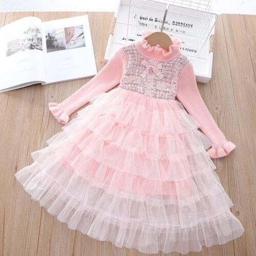 Baby Girl Birthday Wedding Party Layered Dress Autumn Winter Princess Girls Pearl Lace Dresses 2-6 Years Kids Elegant Clothes