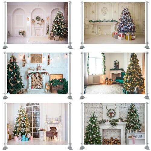 Christmas Party Photography Backdrop Photocall Wood Wall Floor Fireplace Decoration Background Retro Christmas Tree Backdrops