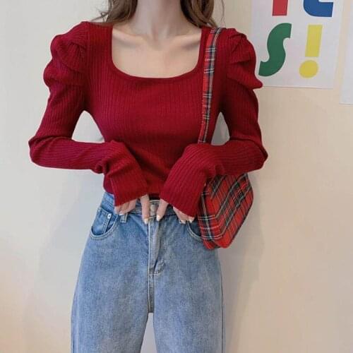 Solid T-shirts Woman Long Puff Sleeve Knitting Tops Cropped Slim Ribbed Tshirt Femme Pullover Streetwear Tees Korean Clothing