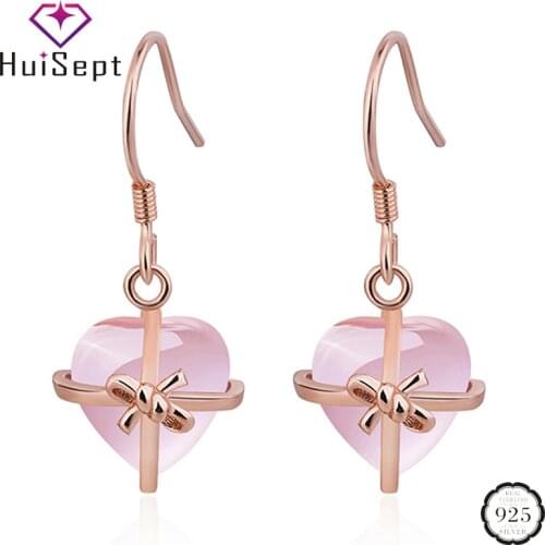 HuiSept Trendy 925 Silver Earring Heart-shape Rose Quartz Gemstones Drop Earrings for Female Wedding Party Gift Jewelry Ornament