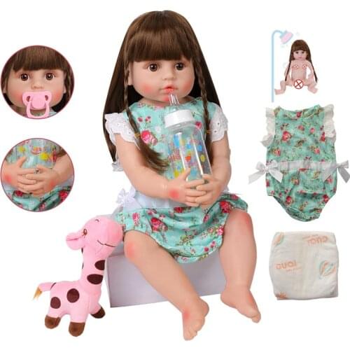 22inch About 56cm Reborn Baby Full Body Silicone Doll Adorable Soft Lifelike Doll Simulation Bebe Doll Green Clothes For Girls