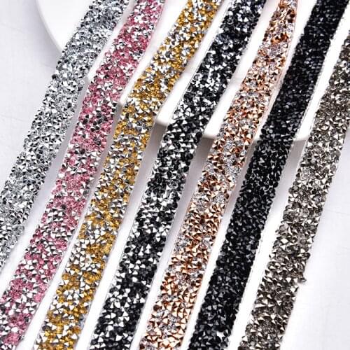 AAA 2yard/Lot Crystal Rhinestome Trim 1.5cm Width Hotfix Applique Wedding Decoration Iron On Strass Chain Banding Tape Ribbon
