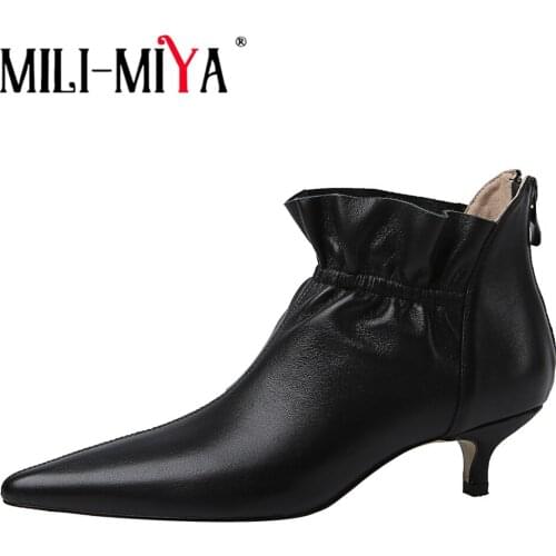 MILI-MIYA Luxury Brand Kitten Heels Women Ankle Boots Top Quality Cow Leather Ruffles Zipper Fashion Autumn Winter Prom Shoes