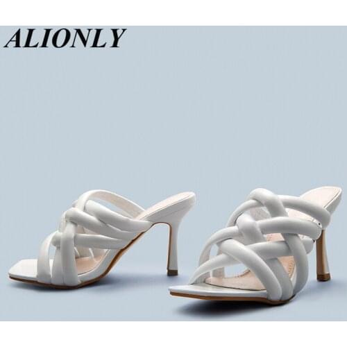 ALIONLY Sexy Mules Shoes for Women 2021 Summer Slippers Women Summer High Heels Square Toe Slides Ladies Shoes White Black