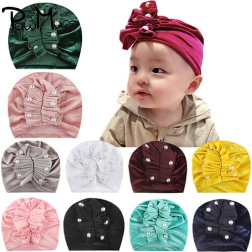 Powmuco 18*16 CM Solid Color Velvet Baby Girls Hats Handmade Folded Flower Caps with Pearls Children Bonnet Newborn Accessories
