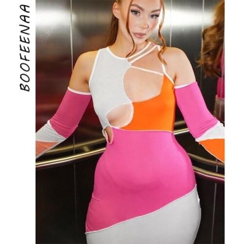 BOOFEENAA Sexy Side Cut Out Colorblock Long Sleeve Bodycon Dress Club Outfits for Women Clothing 2021 Fashion Mini Dress C70BI16