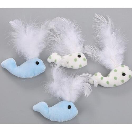 Handmade Blue Whale with Fea-ther Pet Cat Toys Flush Animals Dog Toys Supplies for Cat Playing Training