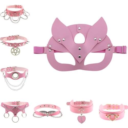 Women Sexy Costumes of Erotic Leather Cat Eye Ears Mask Accessory with Choker Necklace for Fetish Couples Flirt Intimacy Goods