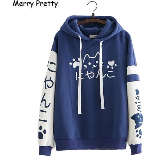 Merrry Pretty Women Plus Velvet Thick Hooded Sweatshirts Cartoon Print Harajuku Hoodies 2020 Autumn Winter Long Sleeve Pullovers