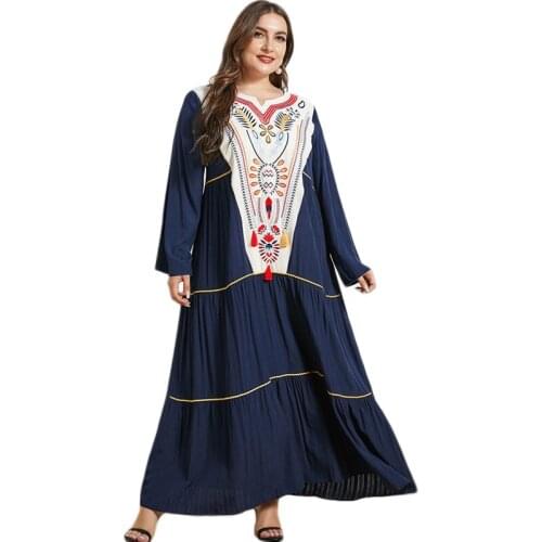 Women Embroidery Long Dress Abaya Ethnic Ramadan Islamic Clothes Muslim Turkish Kaftan Abayas Plus Size Loose Casual Middle East