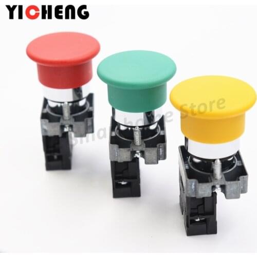 1Pcs Mushroom head push button switch metal self-reset red/green/yellow