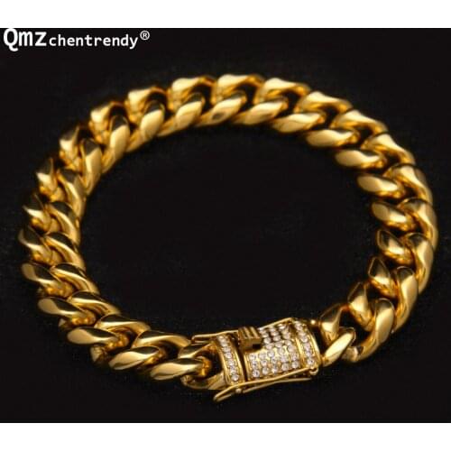 10/14mm Cuban Miami Chain Bracelets Stainless steel Rhinestone Clasp Iced Out Hip hop Casting Cubra Chain Bangle