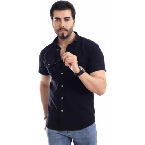 100 COTTON DOUBLE POCKET COVER DÜĞMELİ COLLAR SLYM FİT SHORT SLEEVE BLACK MEN 'S SHIRT