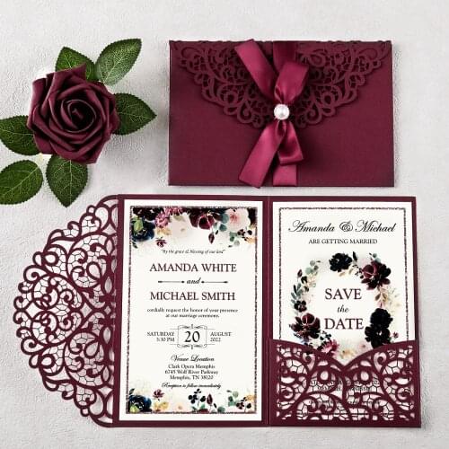 50pcs Hot Sale Burgundy Color Wedding and Quinceanera Invitations with Ribbon Glitter Laser Cut Hollow Pocket