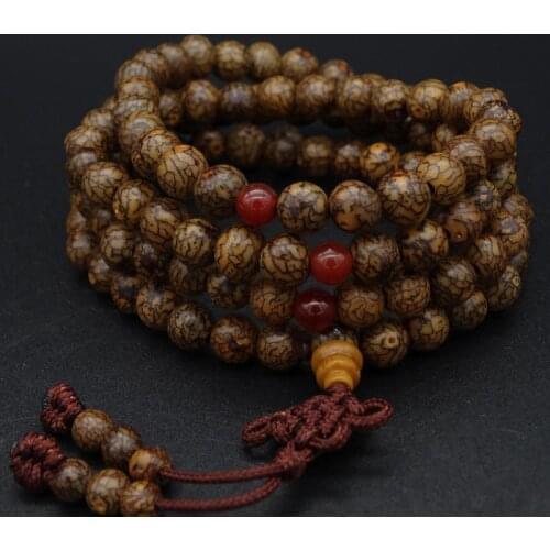 8mm Tibetan Buddhism 108 Gold-line Bodhi Mala Prayer Beads Necklace