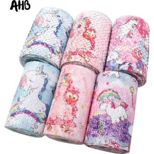 AHB Printed Reversible Sequin Ribbon 75mm Cute Unicorn Printed Ribbon Newest Sequin DIY Hair Bows Decoration Accessories 2Y